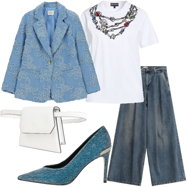 Outfit donna - Un soffio di primavera. Stile Trendy per Serata fuori. Abbinamento con marsupi, décolleté, t-shirt, blazer, jeans.