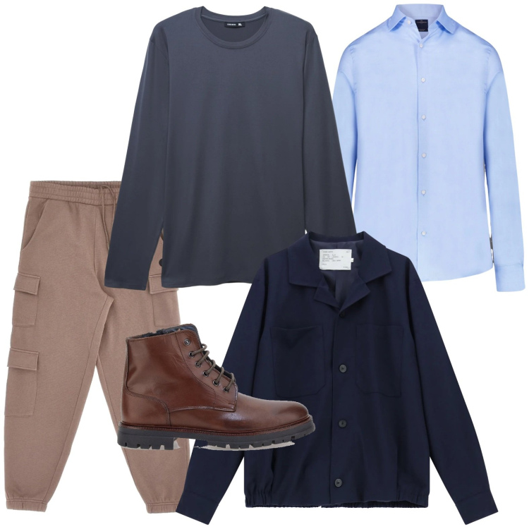 Outfit uomo - Weekend di febbraio. Stile Trendy per Tutti i giorni. Abbinamento con cappotti, t-shirt, camicie, anfibi, pantaloni cargo.