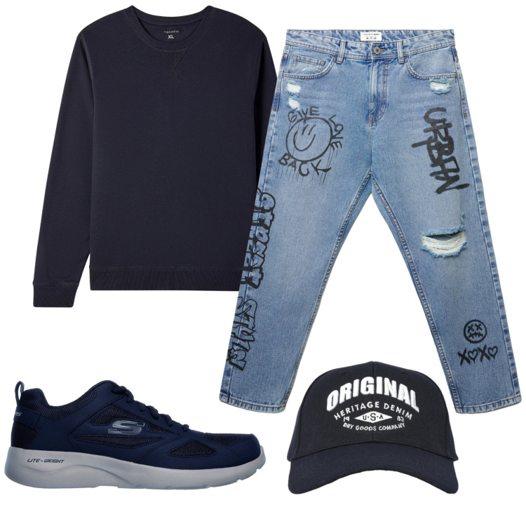 Outfit uomo - Total look #2335412. Stile Trendy per Tutti i giorni. Abbinamento con felpe, jeans strappati, cappelli con visiera, sneakers.