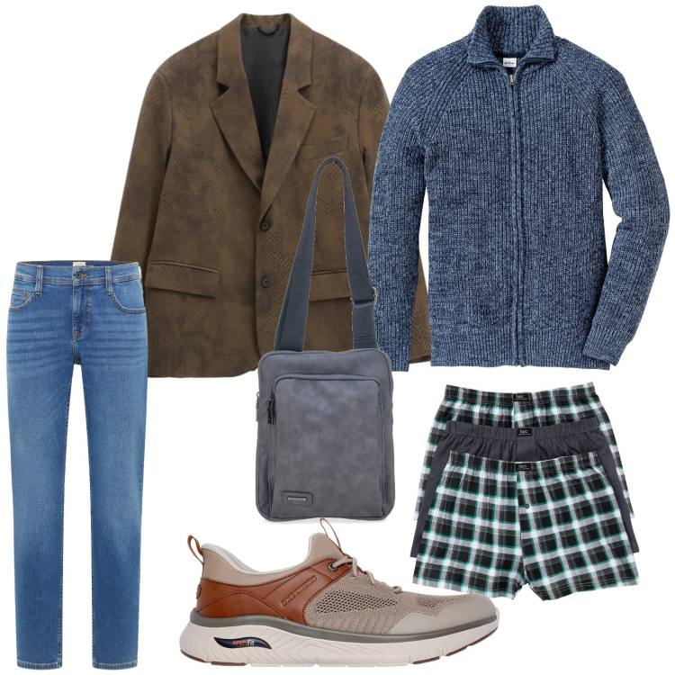 Outfit uomo - Weekend di febbraio. Stile Casual per Tutti i giorni. Abbinamento con cardigans, boxer, jeans bootcut, giacche, portafogli, scarpe stringate.