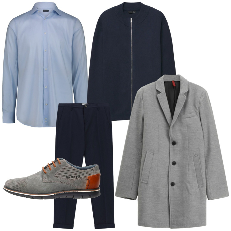 Outfit uomo - Tonalità fredde. Stile Casual per Tutti i giorni. Abbinamento con cappotti, pantaloni, cardigans, scarpe stringate, camicie.