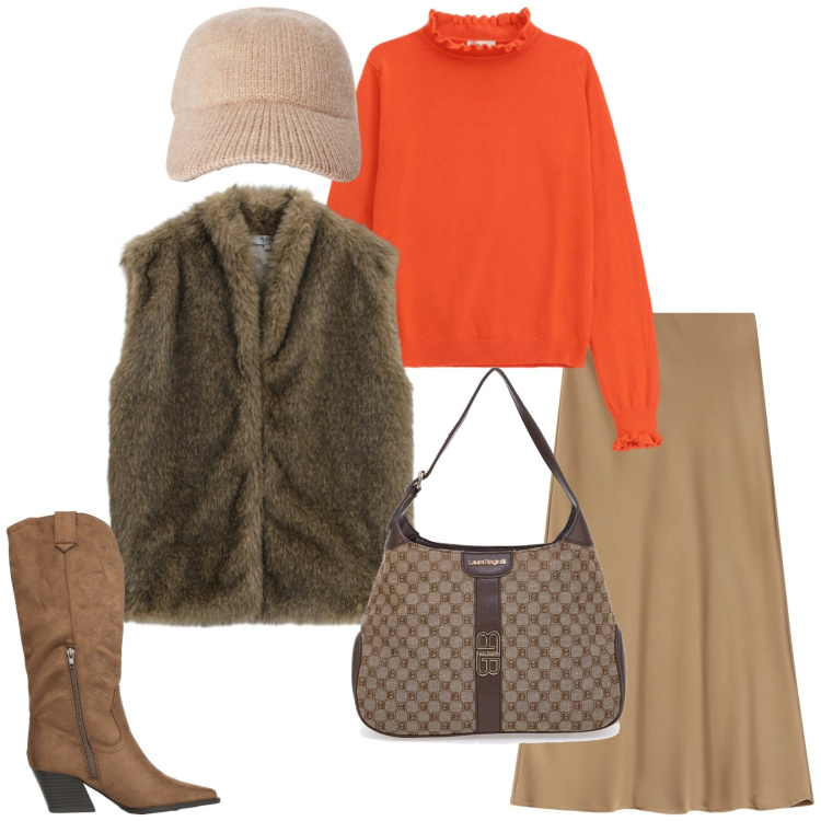 Outfit donna - Total look #2335436. Stile Chic per Tutti i giorni. Abbinamento con gonne lunghe, maglieria, cappelli con visiera, stivali, blazer, borse a spalla.