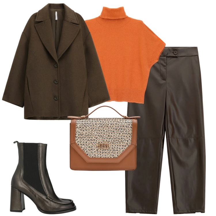 Outfit donna - Febbraio. Stile Trendy per Tutti i giorni. Abbinamento con stivaletti chelsea, pantaloni, cappotti, maglieria, pochette.