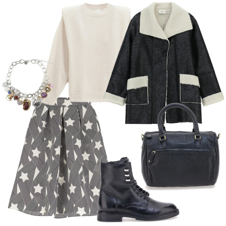 Outfit donna - Allegria. per Tutti i giorni. Abbinamento con gonne lunghe, braccialetti con ciondoli, cappotti, maglieria, anfibi, borse a tracolla.