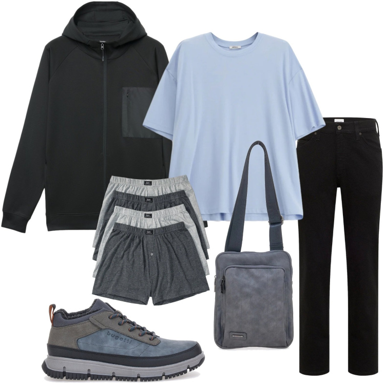 Outfit uomo - Dinamico. Stile Casual per Tutti i giorni. Abbinamento con boxer, jeans dritti, felpe con cappuccio, t-shirt, portafogli, stivali e stivaletti.