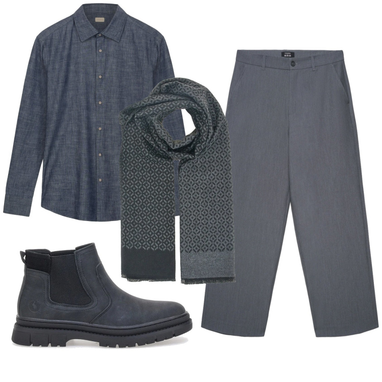 Outfit uomo - Total look #2335458. Stile Trendy per Ufficio. Abbinamento con pantaloni, stivali e stivaletti, camicie, sciarpe.