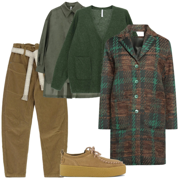 Outfit donna - Verde e marrone. Stile Casual per Scuola/Università. Abbinamento con cappotti, camicie, cardigans, pantaloni, mocassini.