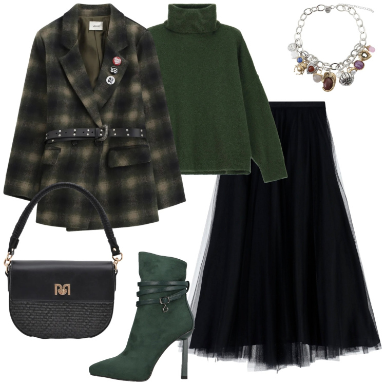 Outfit donna - Glam. Stile Glamour per Tutti i giorni. Abbinamento con stivaletti, maglieria, gonne lunghe, blazer, braccialetti con ciondoli, borse a spalla.