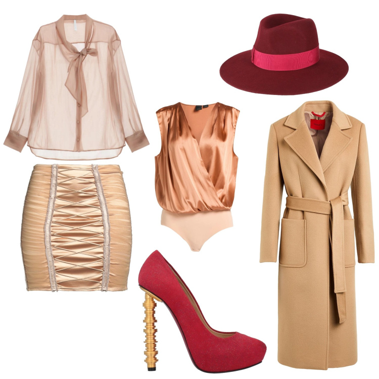 Outfit donna - Dettagli rossi a San Valentino. Stile Chic per Serata fuori. Abbinamento con décolleté, cappelli, body, minigonne, cappotti, camicie.