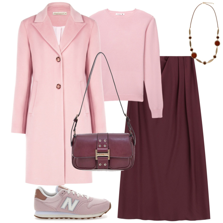 Outfit donna - Bordeaux e rosa. Stile Casual chic per Tutti i giorni. Abbinamento con gonne lunghe, maglieria, cappotti, sneakers, collane, borse a tracolla.