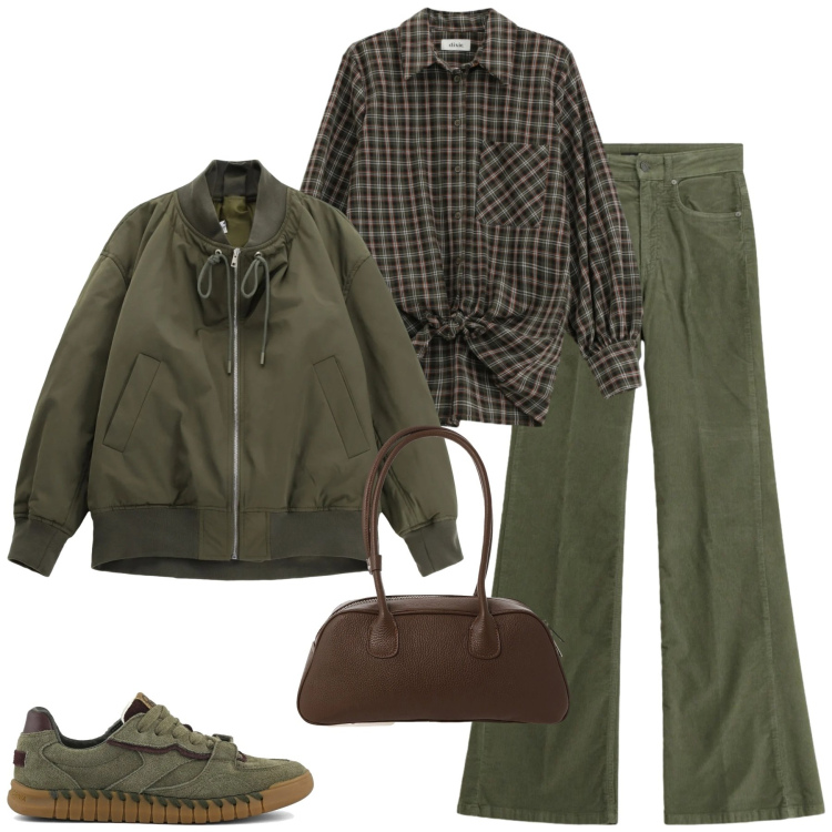 Outfit donna - City. Stile Casual chic per Tutti i giorni. Abbinamento con bomber, borse a mano, jeans, camicie, sneakers.