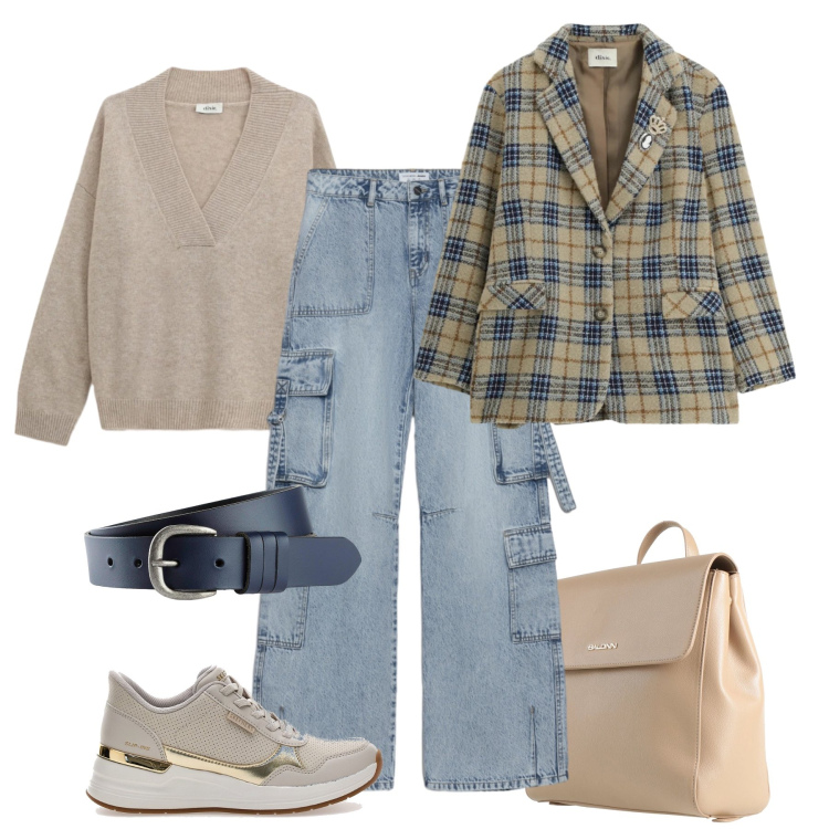 Outfit donna - Giornata relax. Stile Casual per Tutti i giorni. Abbinamento con cinture, zaini, maglieria, blazer, jeans, sneakers.