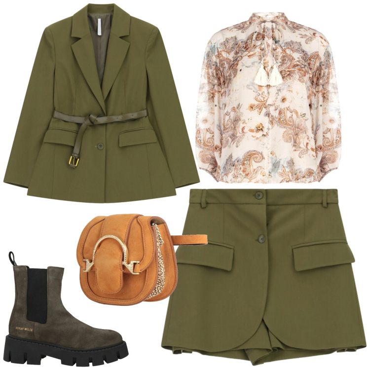 Outfit donna - Imperial. Stile Urban per Tutti i giorni. Abbinamento con marsupi, stivaletti chelsea, blazer, shorts, bluse.