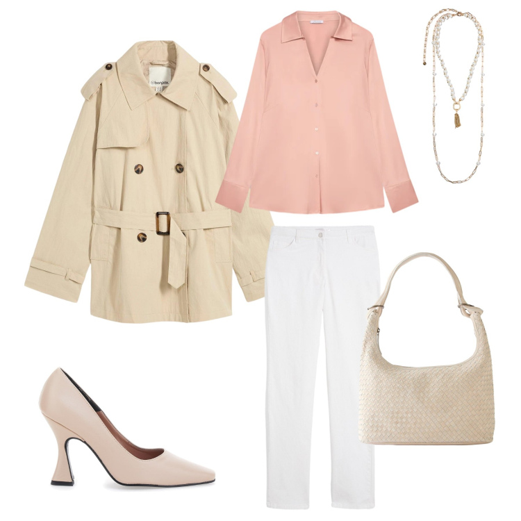 Outfit donna - Rose Silk & Urban Trench. Stile Glamour per Tutti i giorni. Abbinamento con pantaloni, trench, shopping bag, décolleté, collane, camicie.