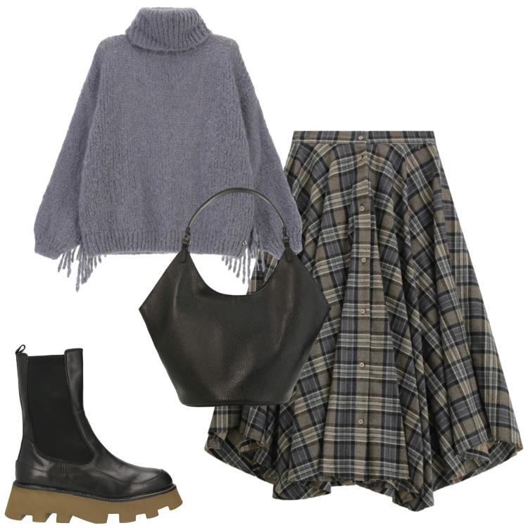 Outfit donna - City. Stile Casual chic per Tutti i giorni. Abbinamento con stivaletti, gonne lunghe, maglieria, borse a spalla.