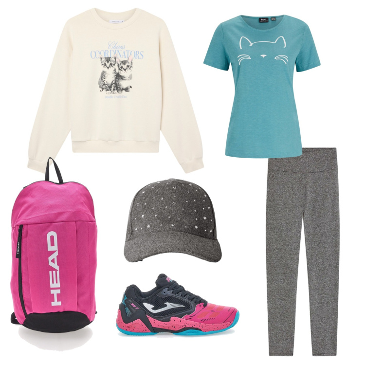 Outfit donna - Oggi palestra!. Stile Sporty chic per Sport. Abbinamento con t-shirt, leggings, cappelli con visiera, felpe, borse sportive, sneakers.