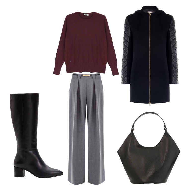 Outfit donna - Basic per lavoro. Stile Basic per Tutti i giorni. Abbinamento con stivali, borse a spalla, maglieria, pantaloni a palazzo, cappotti.