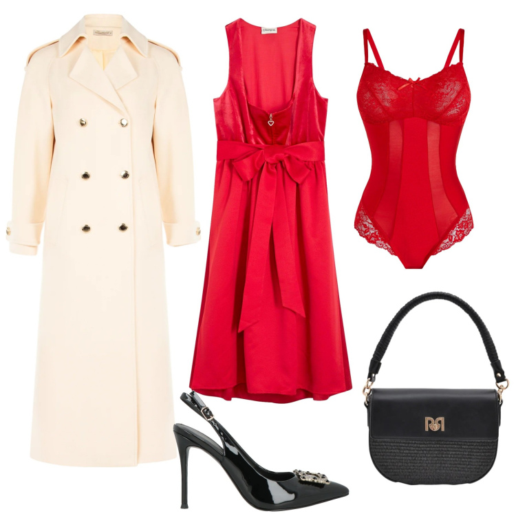 Outfit donna - Parola d\'ordine: osare!. Stile Glamour per Serata fuori. Abbinamento con body, vestiti midi/longuette, décolleté, cappotti, borse a spalla.