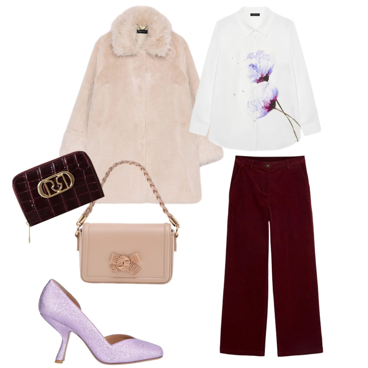 Outfit donna - Floral Watercolor & Velvet Softness. Stile Glamour per Tutti i giorni. Abbinamento con pantaloni, décolleté, portafogli, pochette, camicie, cappotti.