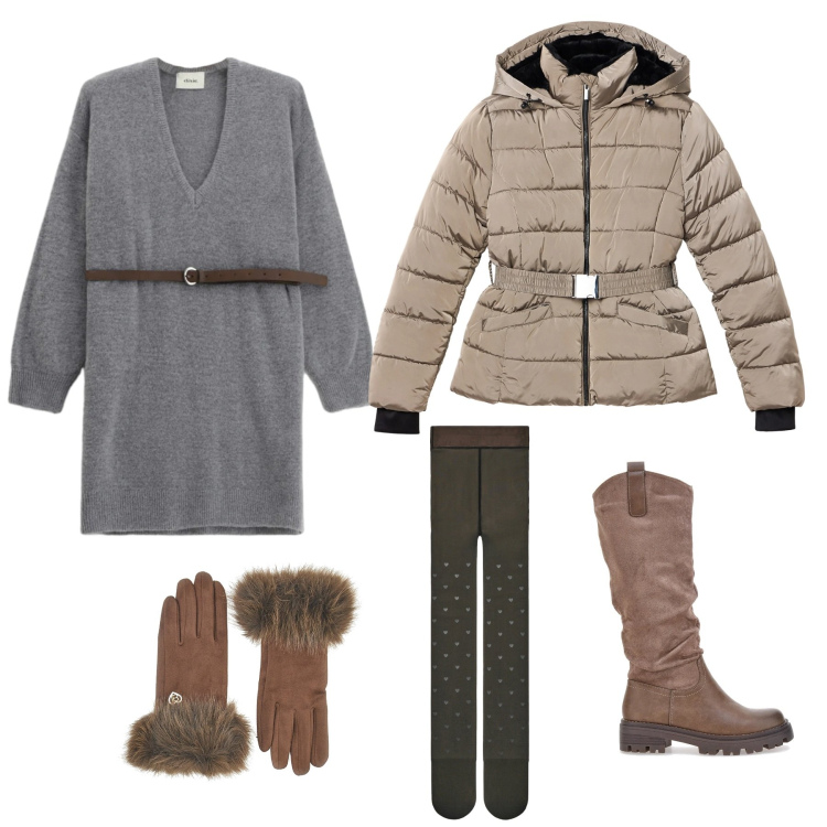 Outfit donna - Freddo non ti temo!. Stile Urban per Tutti i giorni. Abbinamento con vestiti corti, piumini, collant, stivali, guanti.