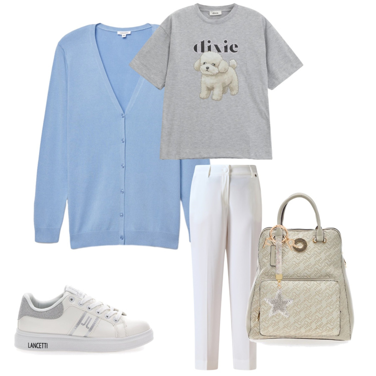 Outfit donna - Casual Puppy Chic & Pastel Light. Stile Casual chic per Tutti i giorni. Abbinamento con t-shirt, cardigans, pantaloni, zaini, portachiavi, sneakers.