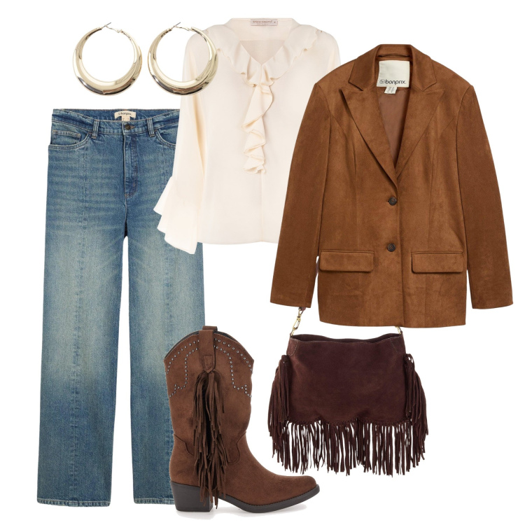 Outfit donna - Frange bohémien. Stile Boho per Tutti i giorni. Abbinamento con blazer, jeans dritti, borse a tracolla, orecchini, bluse, stivaletti texani.