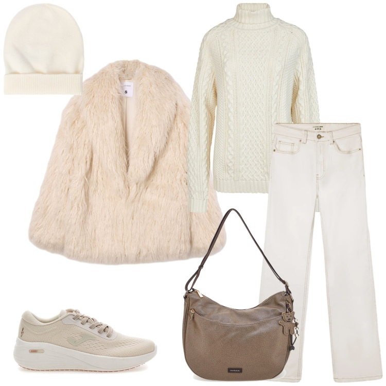 Outfit donna - Total look #2335513. Stile Casual chic per Tutti i giorni. Abbinamento con ecopellicce, jeans bootcut, maglieria, sneakers, berretti, borse a spalla.