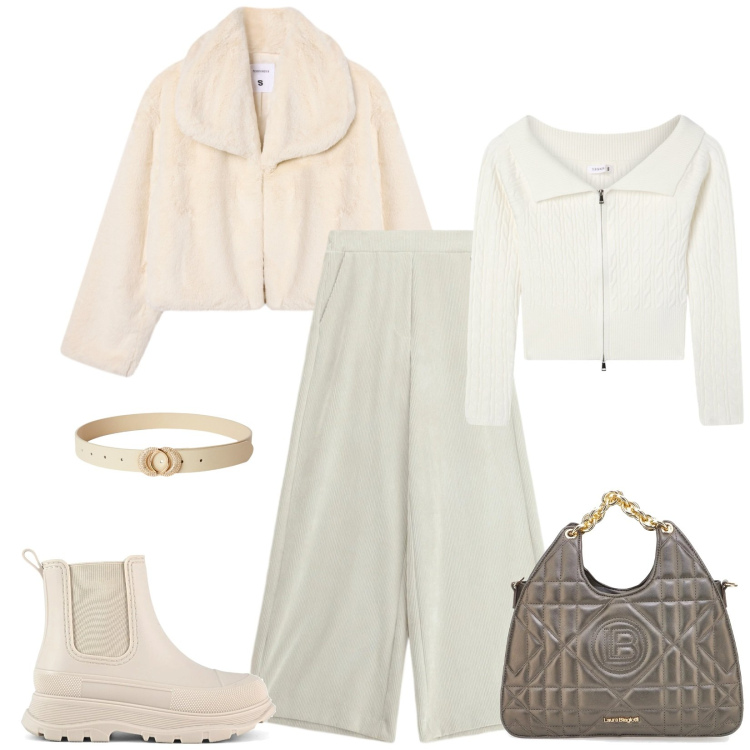 Outfit donna - Total look #2335514. Stile Casual chic per Tutti i giorni. Abbinamento con pantaloni a palazzo, cinture, maglieria, ecopellicce, stivali, borse a mano.