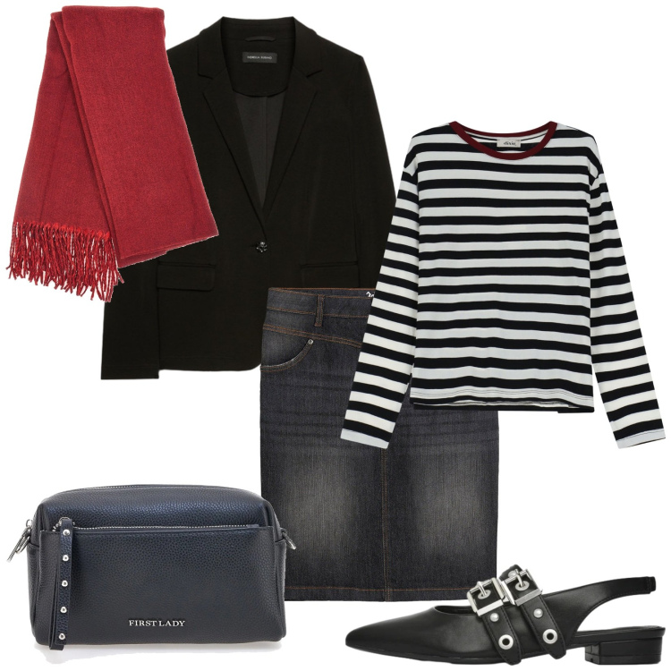 Outfit donna - Total look #2335518. Stile Chic per Tutti i giorni. Abbinamento con gonne, t-shirt, ballerine, blazer, borse a tracolla, sciarpe.