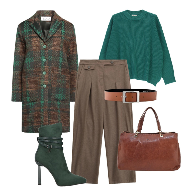 Outfit donna - Verde e cioccolato. Stile Casual chic per Ufficio. Abbinamento con cinture, cappotti, stivaletti, maglieria, pantaloni, borse a tracolla.