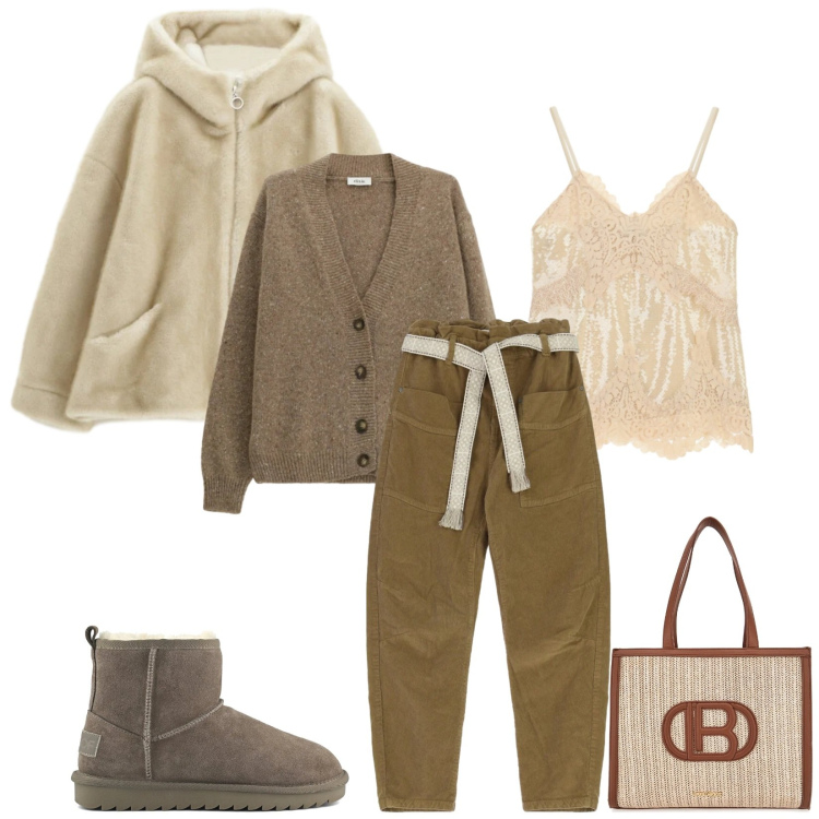 Outfit donna - Total look #2335522. Stile Casual chic per Tutti i giorni. Abbinamento con top, cardigans, blazer, pantaloni, borse a spalla, stivali.