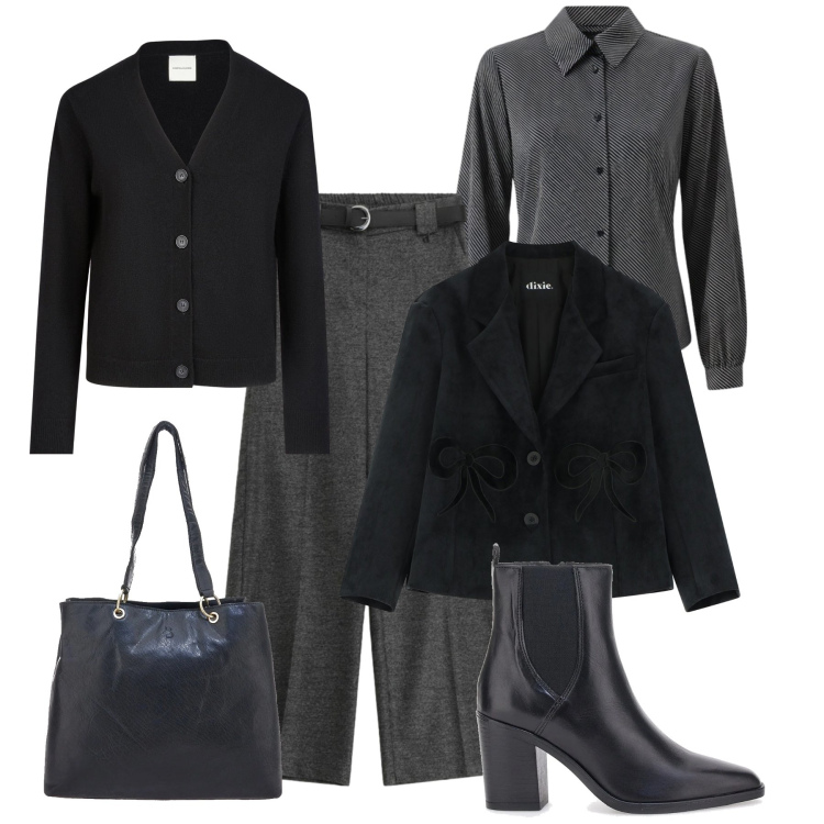 Outfit donna - Nero e grigio, rigore al lavoro. Stile Glamour per Ufficio. Abbinamento con blazer, pantaloni a palazzo, camicie, cardigans, stivaletti, shopping bag.