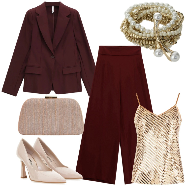Outfit donna - Total look #2335525. Stile Glamour per Cerimonia. Abbinamento con blazer, braccialetti, canottiere, pochette, pantaloni a palazzo, décolleté.