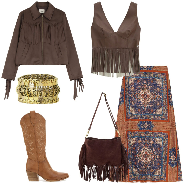 Outfit donna - Total look #2335533. Stile Mannish per Serata fuori. Abbinamento con borse a tracolla, gonne lunghe, blazer, anelli, top, stivaletti texani.