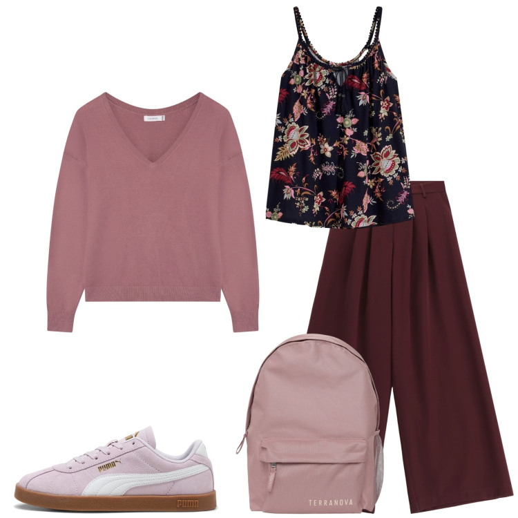 Outfit donna - Total look #2335536. Stile Casual per Tutti i giorni. Abbinamento con top, zaini, maglieria, pantaloni, sneakers.