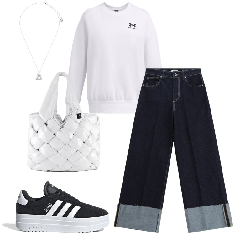 Outfit donna - Total look #2335537. Stile Casual per Tutti i giorni. Abbinamento con jeans, ciondoli, borse tote, felpe, sneakers.