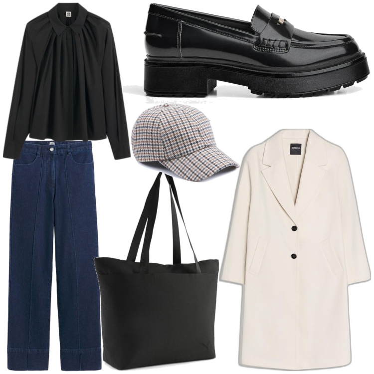 Outfit mujer - London Calling. Estilo Trendy para Todos los días. Combinación con abrigos, mocasines, sombreros, camisas, vaqueros, bolso tote.
