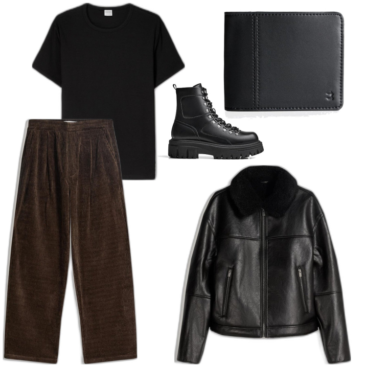 Outfit hombre - Textura y carácter. Estilo Trendy para Noche especial. Combinación con camiseta, chaquetas, pantalones, botas y botines, carteras.