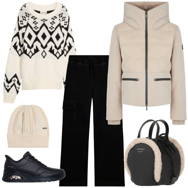Outfit donna - Total look #2335552. Stile Sporty chic per Tutti i giorni. Abbinamento con maglieria, zaini, berretti, pantaloni cargo, piumini, sneakers.