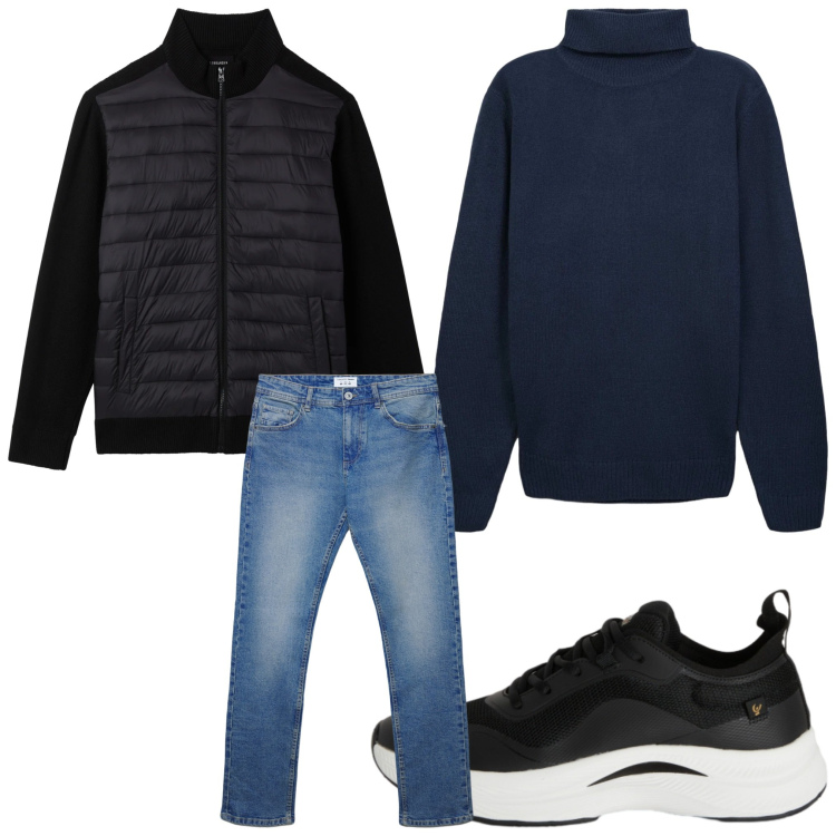 Outfit uomo - Serata jeans. Stile Casual per Serata speciale. Abbinamento con maglieria, piumini, jeans dritti, sneakers.