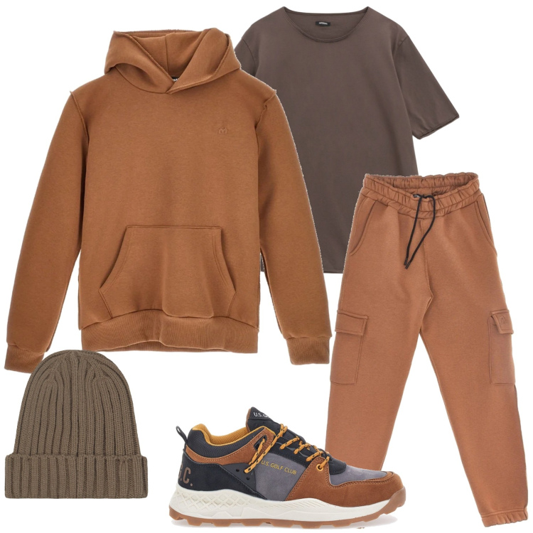 Outfit uomo - Casual style. Stile Casual per Sport. Abbinamento con t-shirt, sneakers, berretti, pantaloni cargo, felpe con cappuccio.