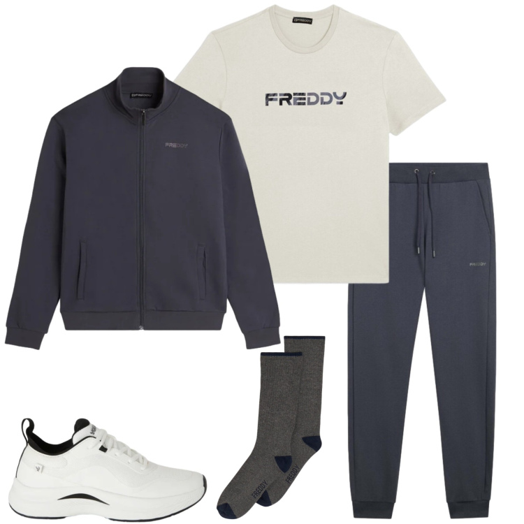 Outfit uomo - Freddy. Stile Casual per Sport. Abbinamento con pantaloni, sneakers, t-shirt, felpe, calzini.