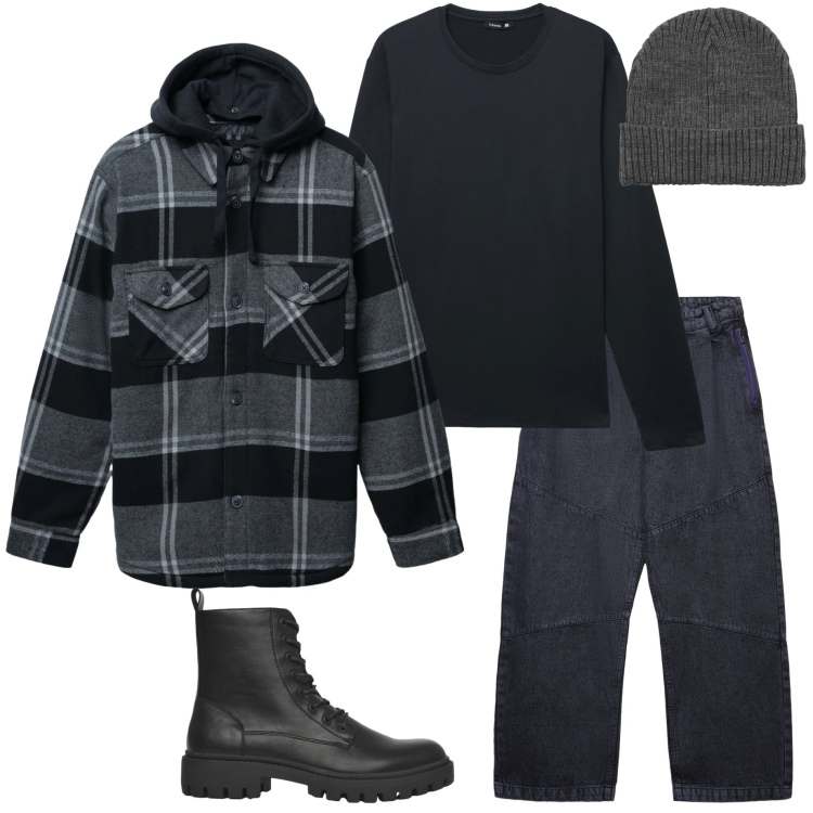 Outfit uomo - Terranova. Stile Casual per Tutti i giorni. Abbinamento con giacche, anfibi, berretti, t-shirt, jeans dritti.