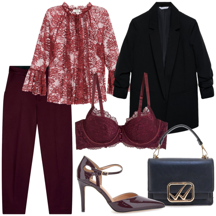 Outfit donna - Total look #2335572. Stile Sexy per Serata fuori. Abbinamento con reggiseni, camicie, pantaloni chino, blazer, borse a tracolla, décolleté.