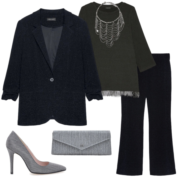 Outfit donna - Total black. Stile Chic per Cerimonia. Abbinamento con collane, pochette, bluse, pantaloni, blazer, décolleté.