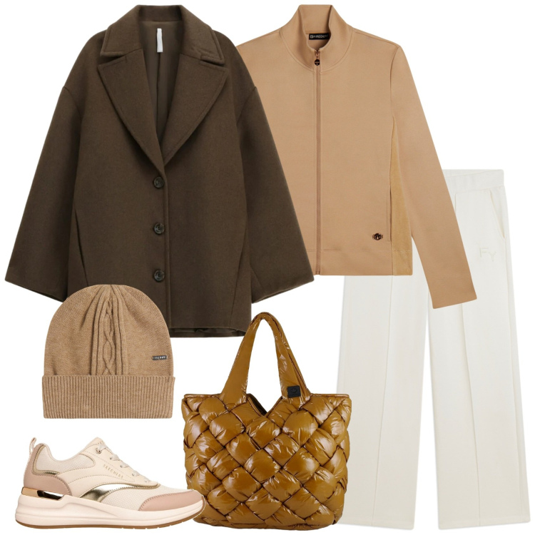 Outfit donna - Sporty con gusto. Stile Sporty chic per Tutti i giorni. Abbinamento con cappotti, berretti, felpe sportive, pantaloni sportivi, borse tote, sneakers.