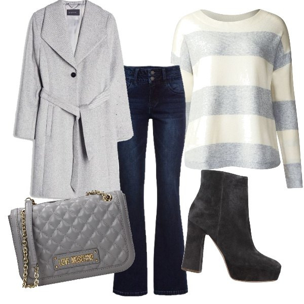 Outfit donna - Cappotto grigio. Stile Trendy per Tutti i giorni. Abbinamento con jeans bootcut, stivaletti effetto scamosciato con tacco squadrato e zip con punta tonda tinta unita, borsa a spalla con logo frontale grigio, maglione melange grigio, giubbotto grigio.