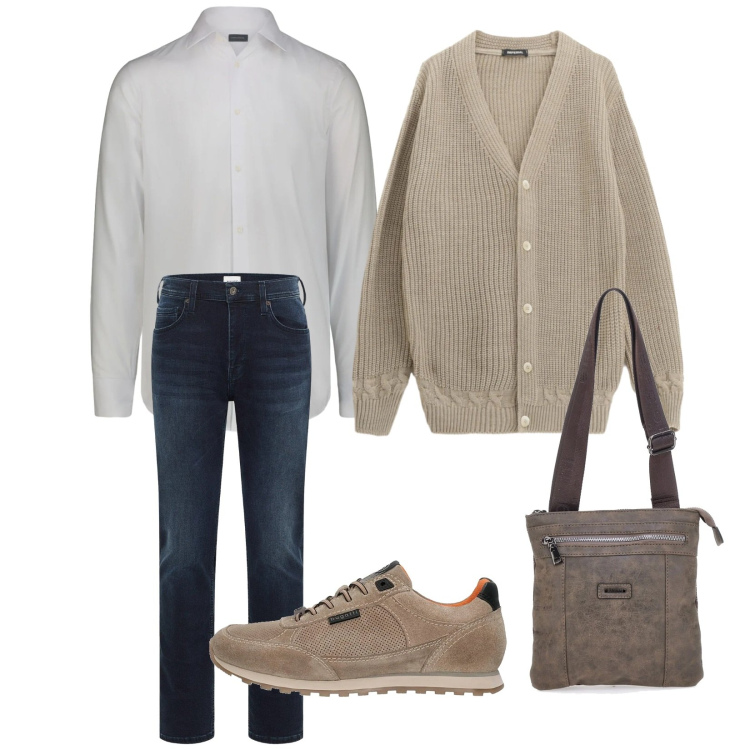 Outfit uomo - Total look #2335591. Stile Trendy per Tutti i giorni. Abbinamento con jeans slim fit, cardigans, portafogli, sneakers, camicie.