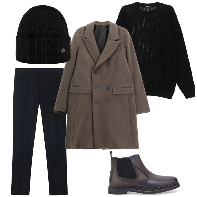 Outfit uomo - Style. Stile Trendy per Serata speciale. Abbinamento con cappotti, maglieria, cappelli, stivali e stivaletti, pantaloni.