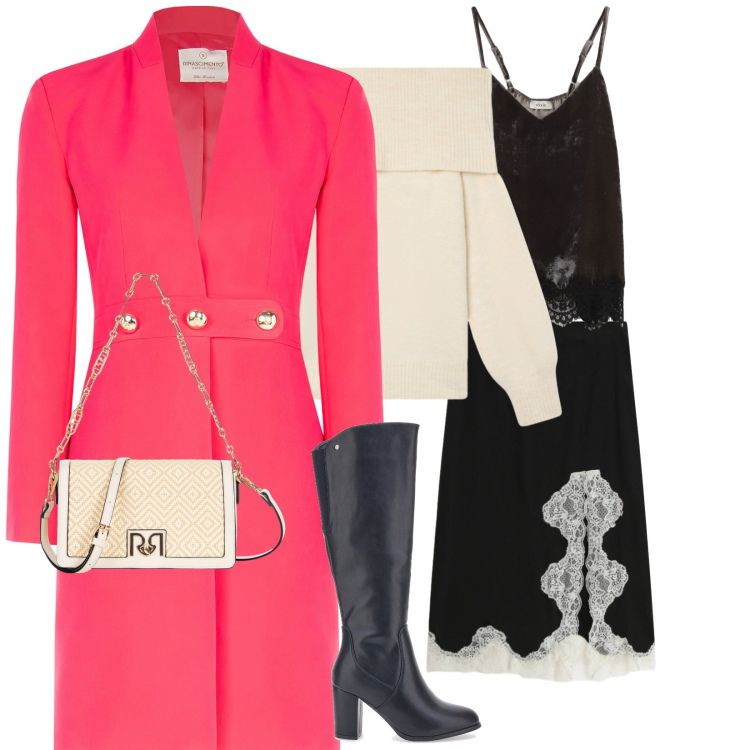 Outfit donna - Occasione. Stile Chic per Cerimonia. Abbinamento con top, gonne, maglieria, trench, borse a tracolla, stivali sopra il ginocchio.